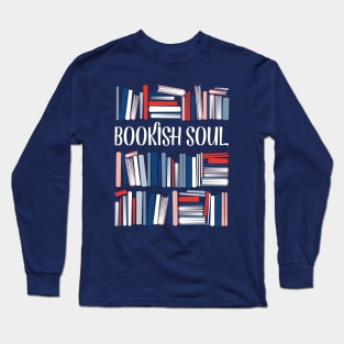 Bookish soul // oxford navy blue bookshelf background neon red flesh coral white classic and pastel blue books Long Sleeve T-Shirt